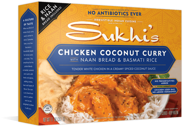 Chicken Coconut Curry - Sukhi's Chicken Coconut Curry With Rice & Naan (640x442), Png Download