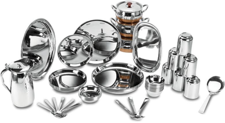 51 Pcs Kanchan Bogi Dinner Set For Six Persons - Stainless Steel Dinner Set Png (800x482), Png Download