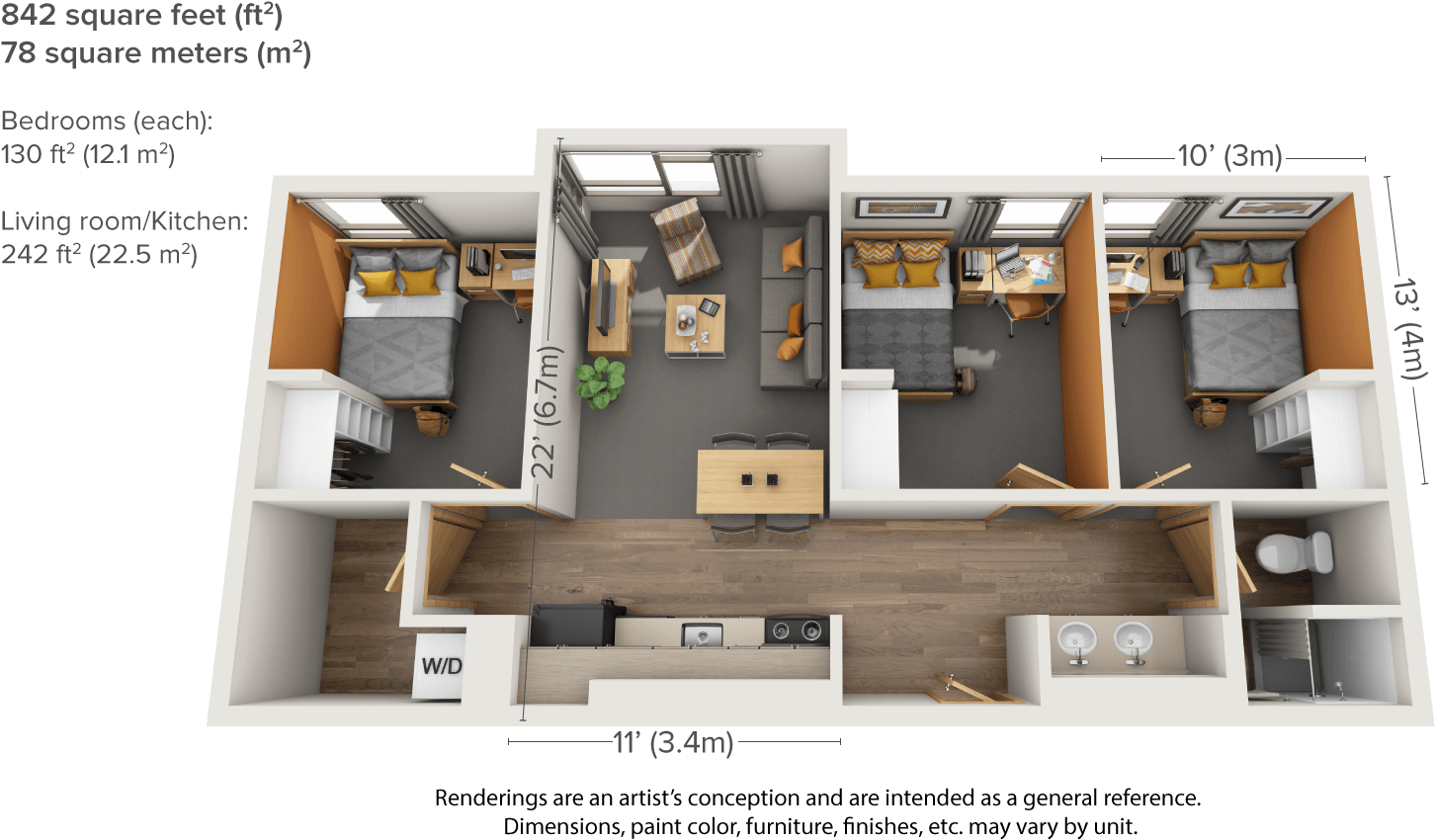 Av 3 Bed - 130 Square Meter House Plan (1500x876), Png Download