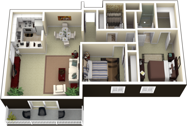 0 For The 2 Bedroom Floor Plan - Two Bedroom Plan 3d (640x480), Png Download