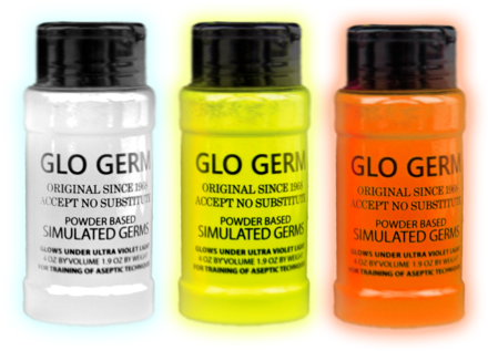 Glo Germ Powder Simulated Germs 3 Pack W/white, Yellow, - Glass Bottle (480x341), Png Download