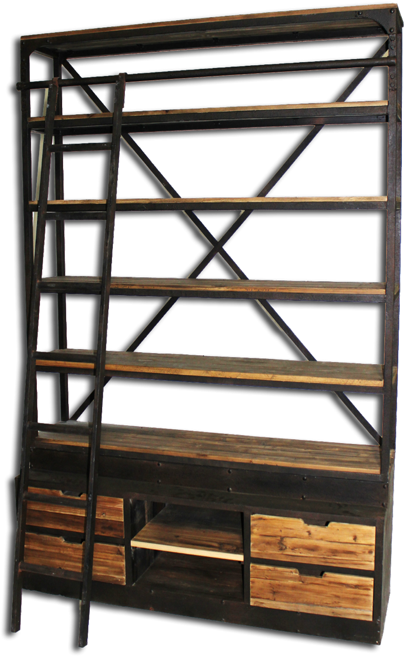 Bookcase With Ladder Natural Reclaimed Pine With Iron - Harris Furniture Th-136 Bookcase With Ladder (700x700), Png Download
