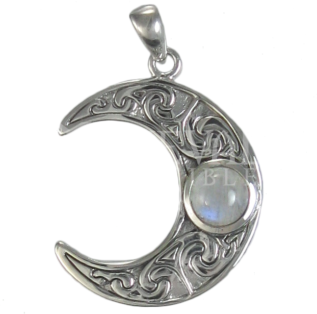 Horned Moon Crescent Ss Pendant With Rainbow Moonstone - Moon Pendant With Moonstone (622x622), Png Download