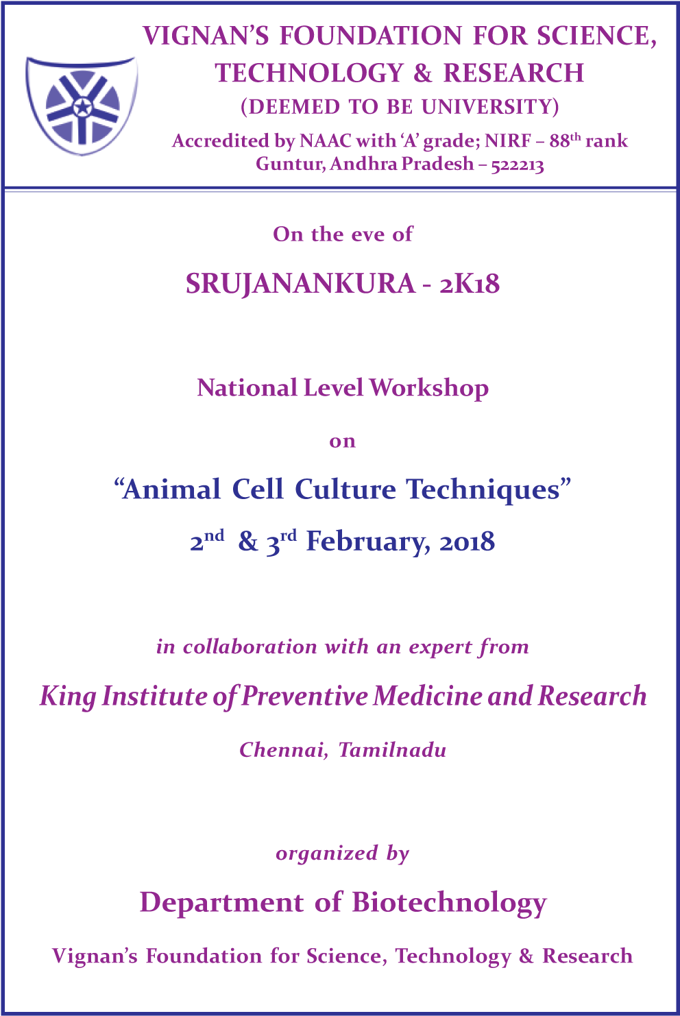 National Level Workshop On Animal Cell Culture Techniques - Vignan University (1032x1481), Png Download