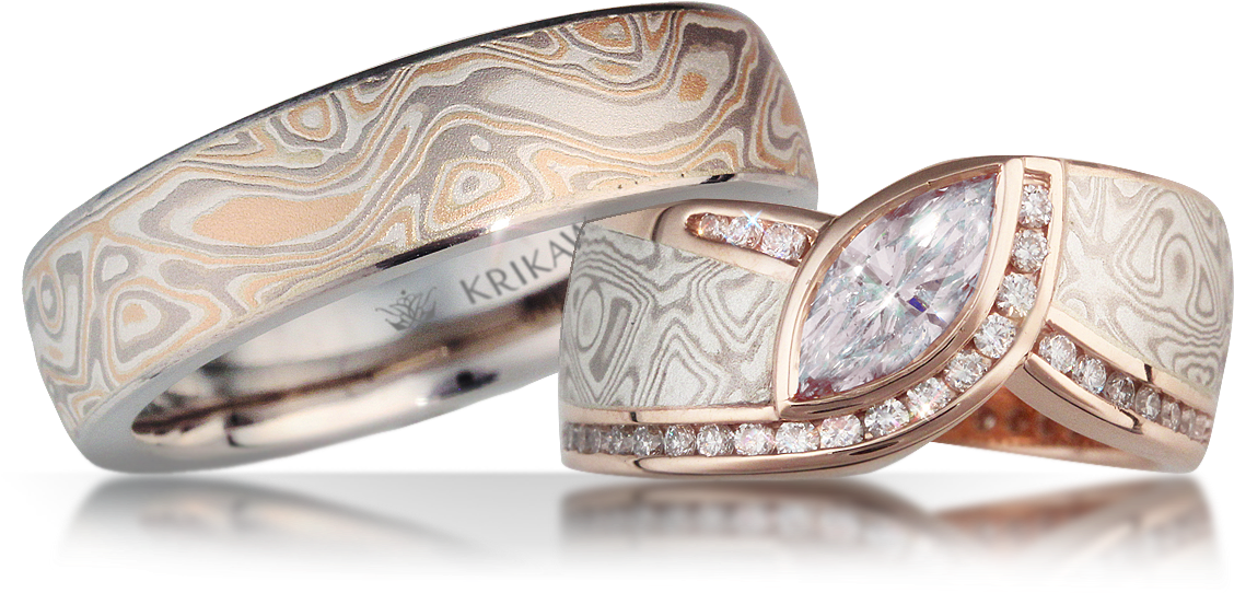 Mokume Gane Wedding Set - Mokume Wedding Band (1164x558), Png Download