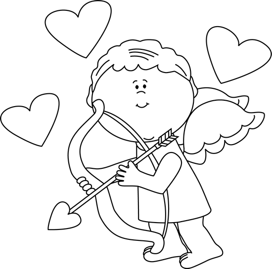 Black And White Cupid With Hearts Clip Art - Cupid With Black Background (550x545), Png Download
