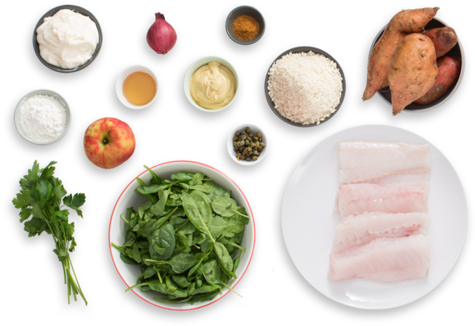 Fish & Sweet Potato Chips With Sautéed Spinach & Apple - Fish (700x477), Png Download