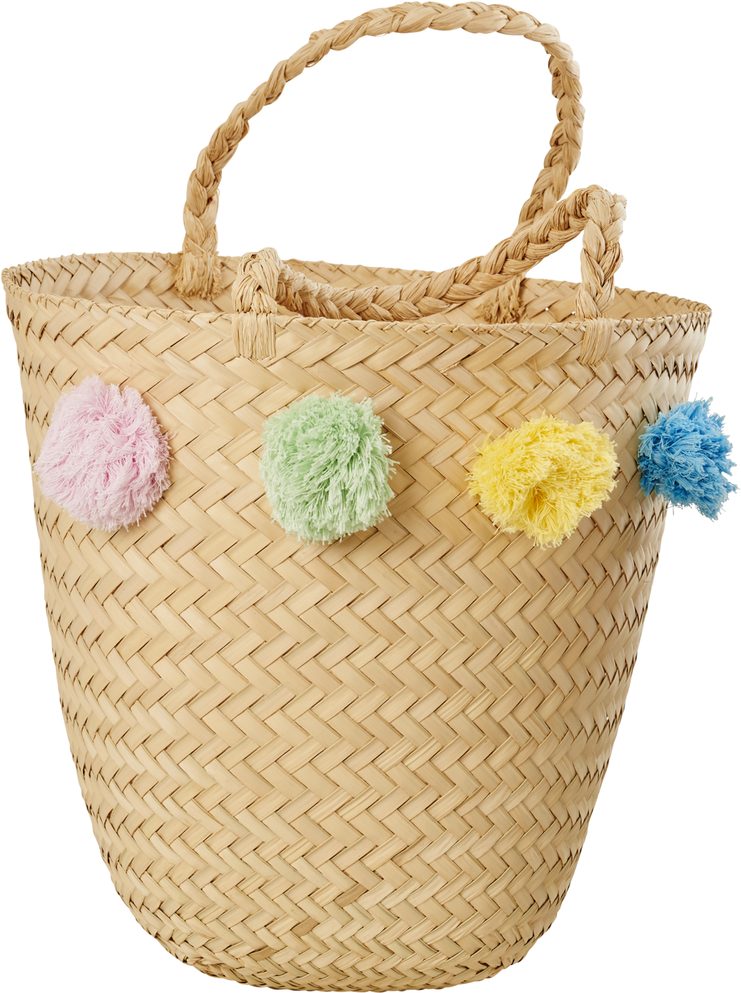 Natural Raffia Beach Bag With Pom Poms (2000x2000), Png Download