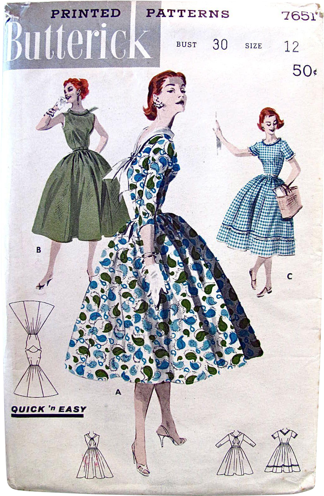 1956 Vintage Misses Full Skirt Dress, Butterick 7651, - Patterns (1583x1583), Png Download