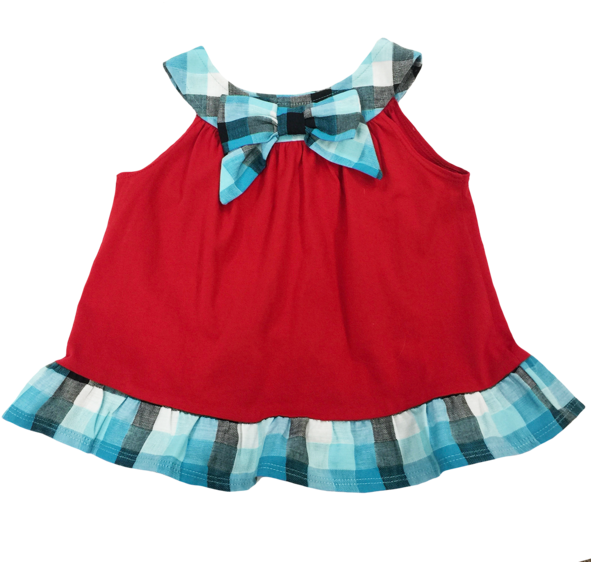 Red Tank With Blue Plaid Bow And Strap With Button - Blue (600x600), Png Download