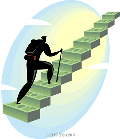 Man Climbing Stairs Made Of Money Royalty Free Vector - Stairs Made Of Money (414x480), Png Download