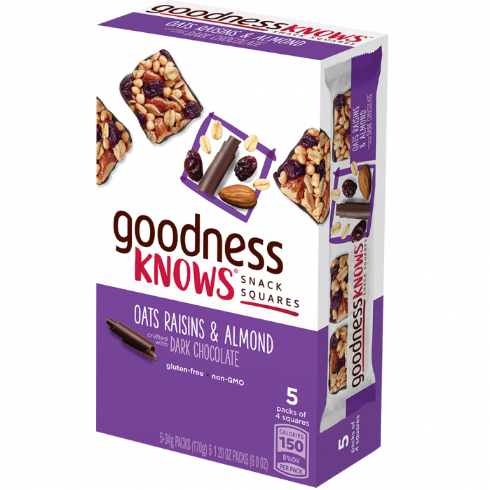 Oats, Raisins & Almond, Dark Chocolate, 5 Count Box - Goodnessknows: Snack Squares - Cranberry, Almond, Dark (699x700), Png Download