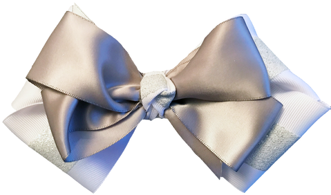 Double White With Glitter Striped Hair Bow With Silver - Satin (498x370), Png Download