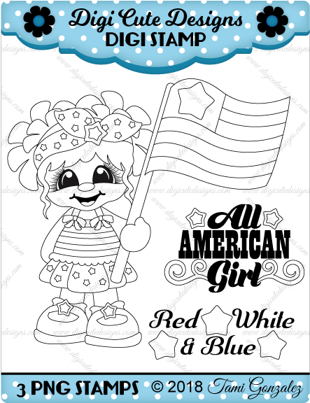 All American Girl Digi Stamp-4th Of July, Flag, Independence - Cartoon (600x600), Png Download
