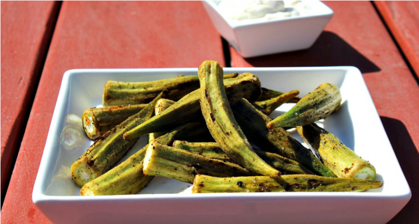 Grilled Okra With Green Chile Arïoli - Grilling (830x623), Png Download