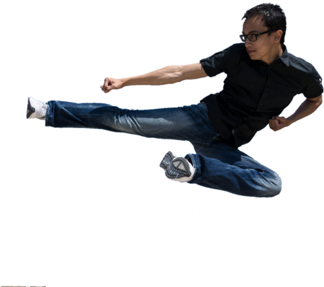 Man Jumping In A Kicking Position - Man Kick Png (728x485), Png Download