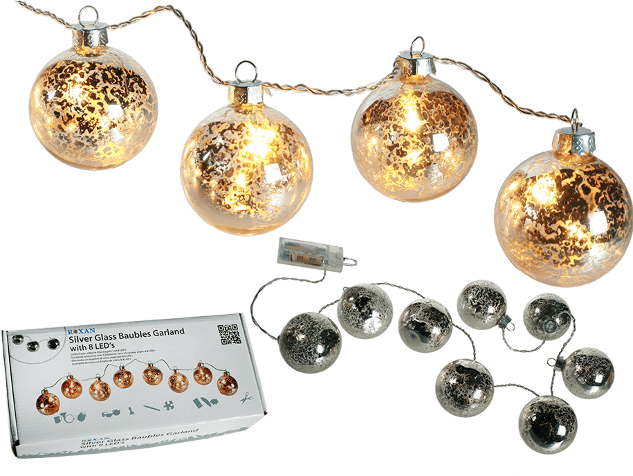 Fairy Light With Silver Coloured Glass Baubles & 8 - Led-lichterkette Mit Glas-kugeln (945x709), Png Download
