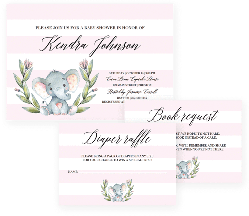 Pink And White Striped Baby Shower Invitation Templates - 50 Pink Watercolour Floral Elephant Baby Shower Thank (819x1024), Png Download