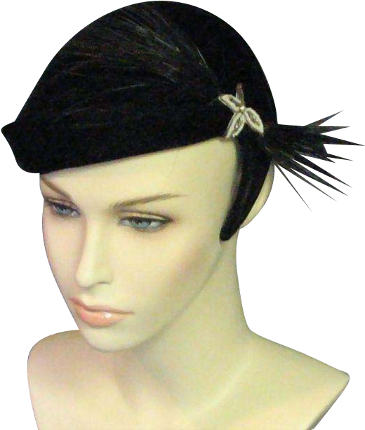 Beautiful 1950's Clip Black Velvet Hat - Headpiece (612x612), Png Download