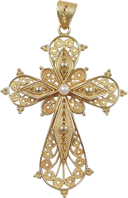 Vintage 18k Gold Filigree Cross Pendant With Cultured - Transparent Background Crucifix Png (672x672), Png Download