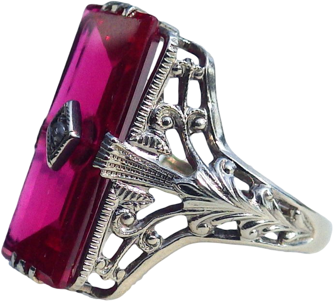 Large Emerald Cut 14k White Gold Ruby Diamond Filigree (800x800), Png Download