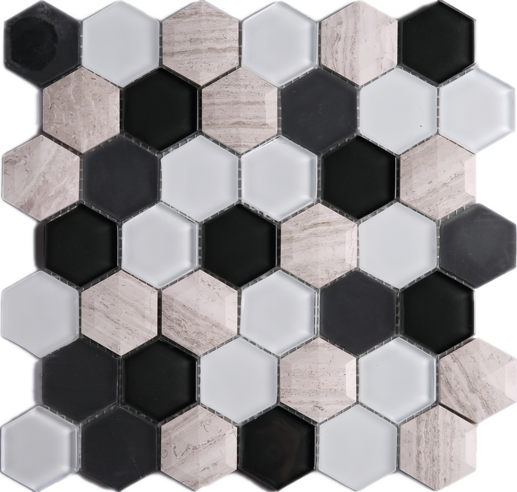 3d Honeycomb Hexagon Wooden Grey With Black & White - Glass Mosaic (1024x975), Png Download