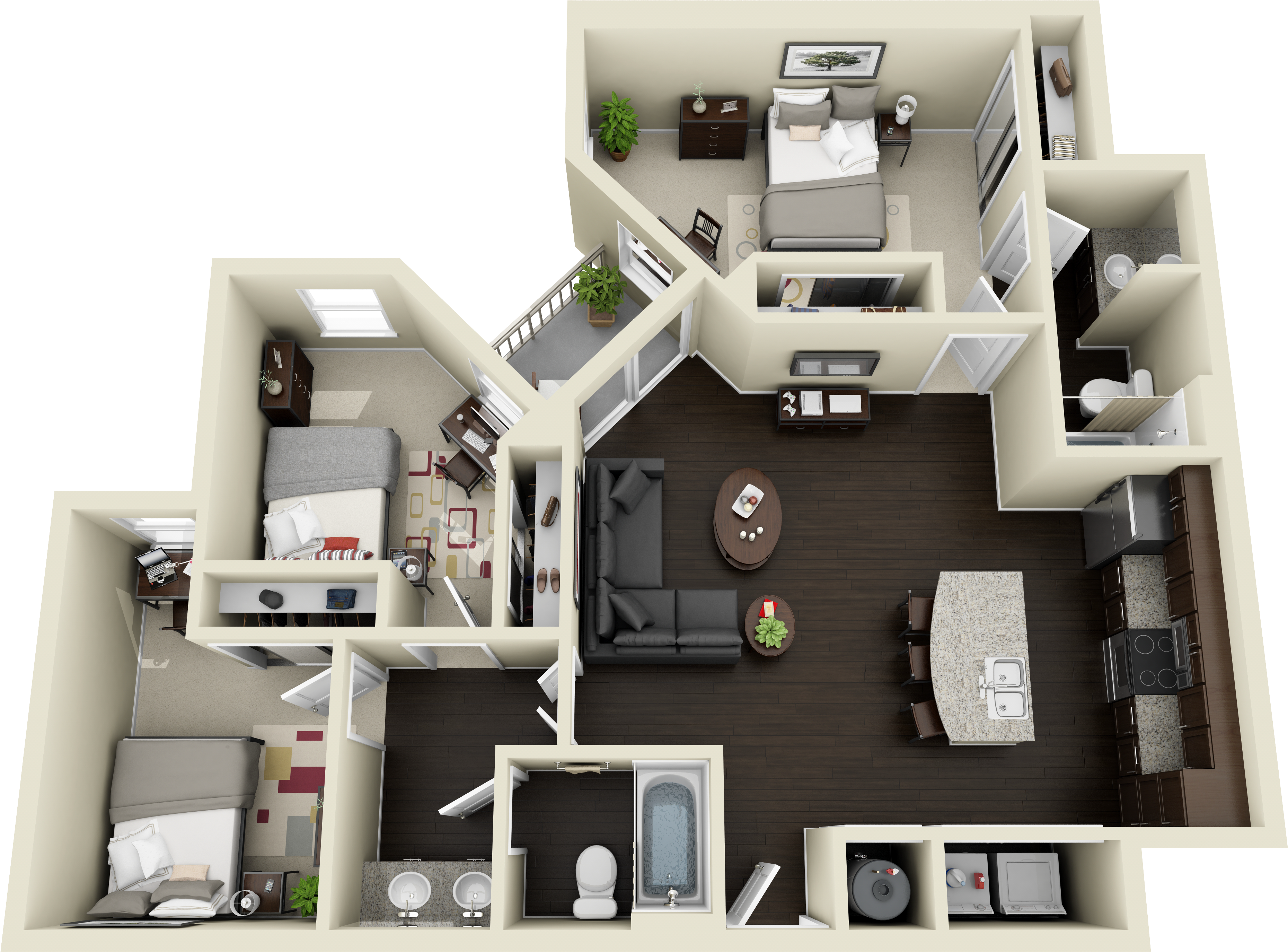 3 Bedroom 2 Bathroom - District On 5th Floor Plan (3900x3600), Png Download