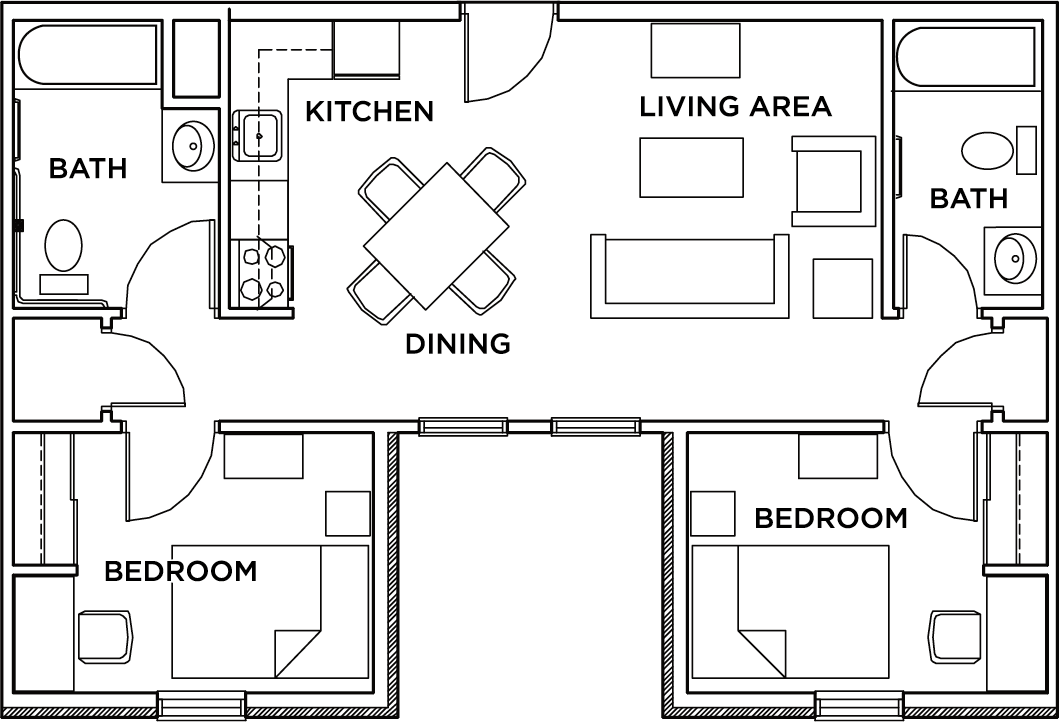 2 Bedroom, 2 Bathroom Standard - Floor Plan (1059x722), Png Download