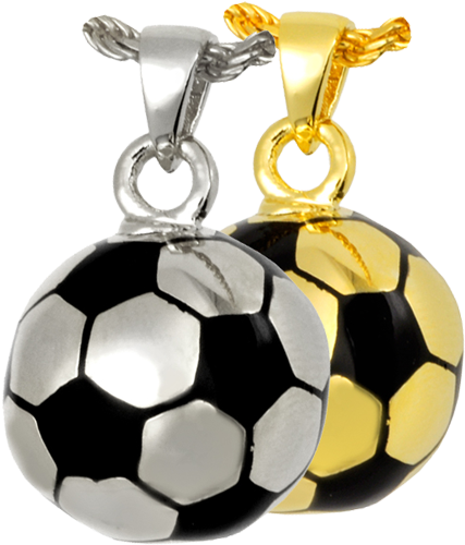 Soccer Ball Cremation Jewelry Shown In Silver And Gold - Transparent Metal Soccer Ball (500x500), Png Download