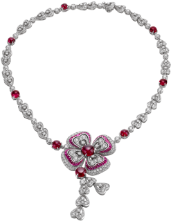 With Its Red-hued Flower Crowned By A Cabochon Ruby - Bvlgari Diamond Necklace (505x394), Png Download