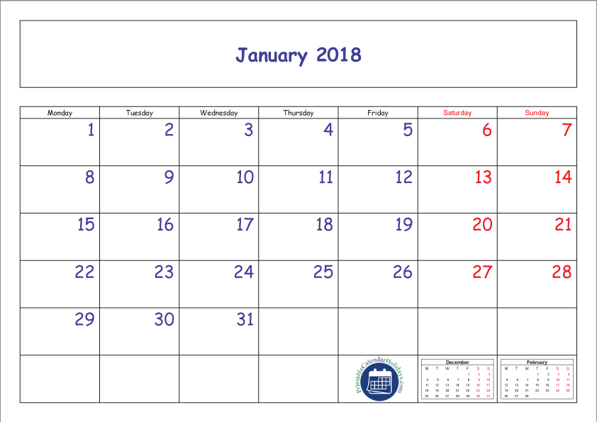 January Calendar 2018 Printable Template Pdf, Jpg - 2018 Calendar Template See Transparent (842x595), Png Download