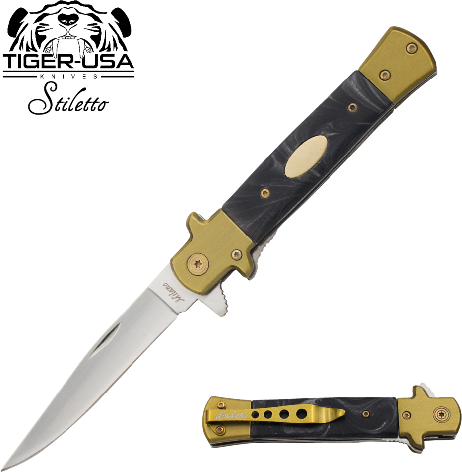 9" Tiger Marble Italian Milano Stiletto Tactical Assisted - Knife (1024x1024), Png Download