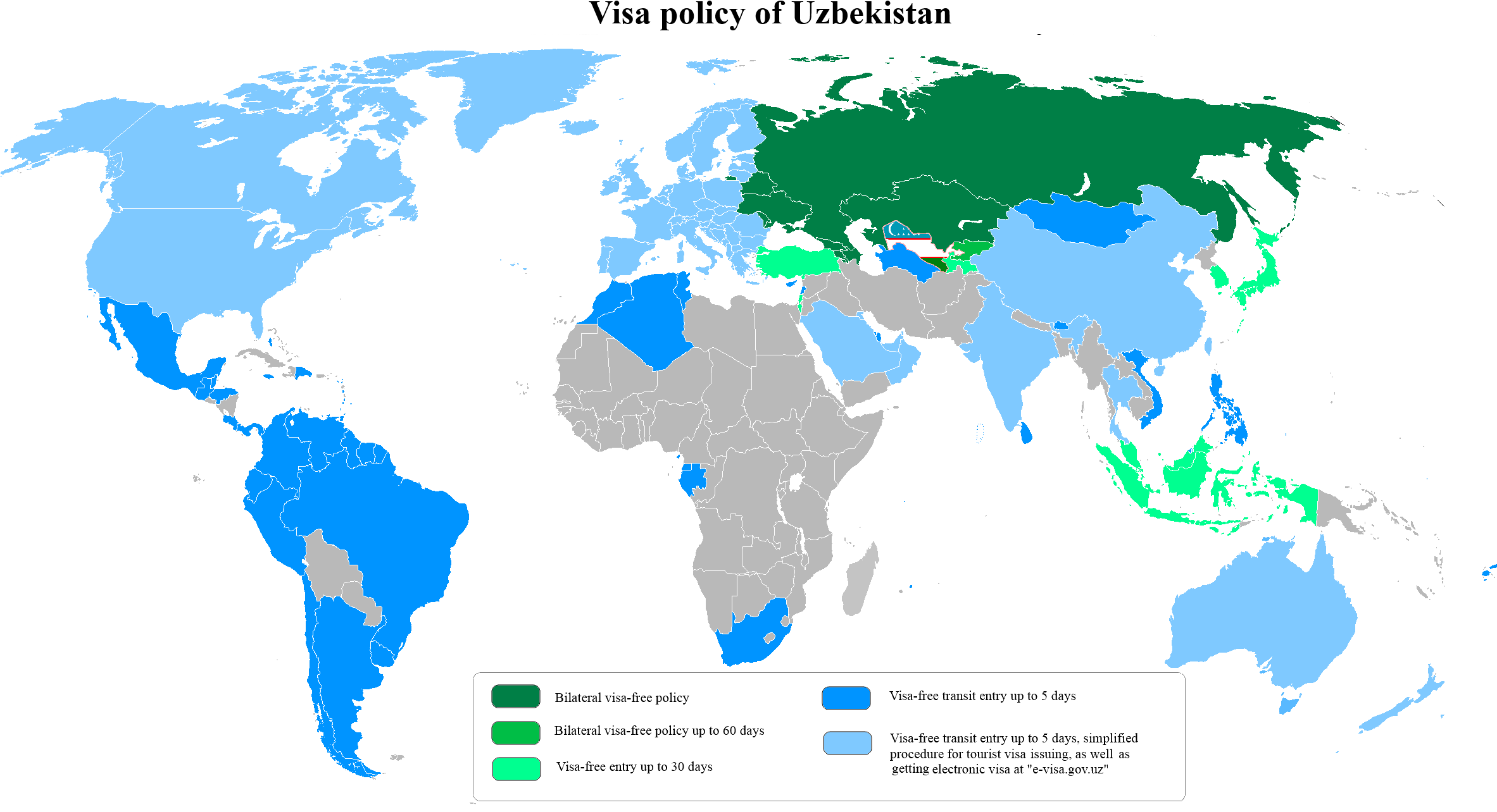 Visa Policy Of Uzbekistan With Transit Visit - World Map (2364x1331), Png Download