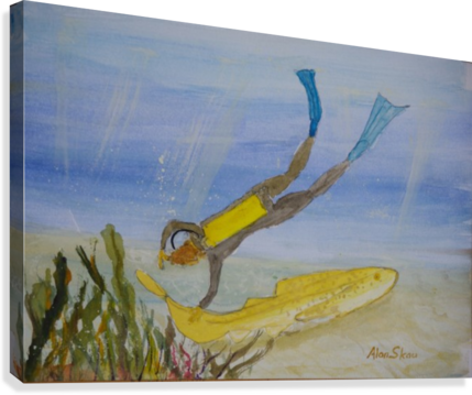 Scuba Diver Meets Leopard Shark - Canvas (429x359), Png Download