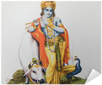 Image Of Hindu God Krishna With Cow, Peacock , Flute - Lord Krishna With Cow (400x400), Png Download
