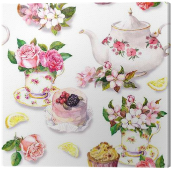 Flowers, Teacup, Cake, Teapot - Vintage Tea Cup Watercolour (400x400), Png Download