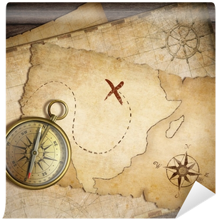 Aged Brass Nautical Compass On Table With Old Treasure - Mapas Compas (400x400), Png Download