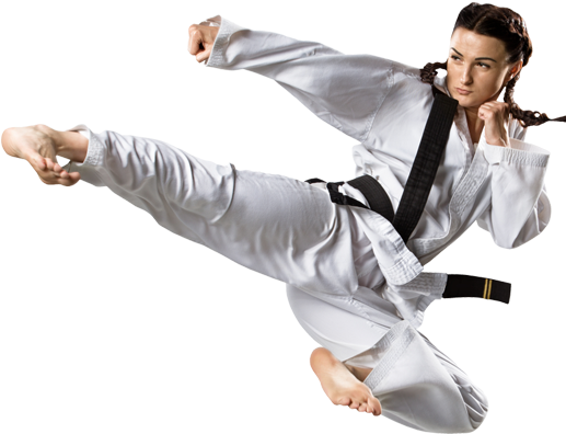 Woman Doing A Flying Kick - Karate Kick (516x539), Png Download