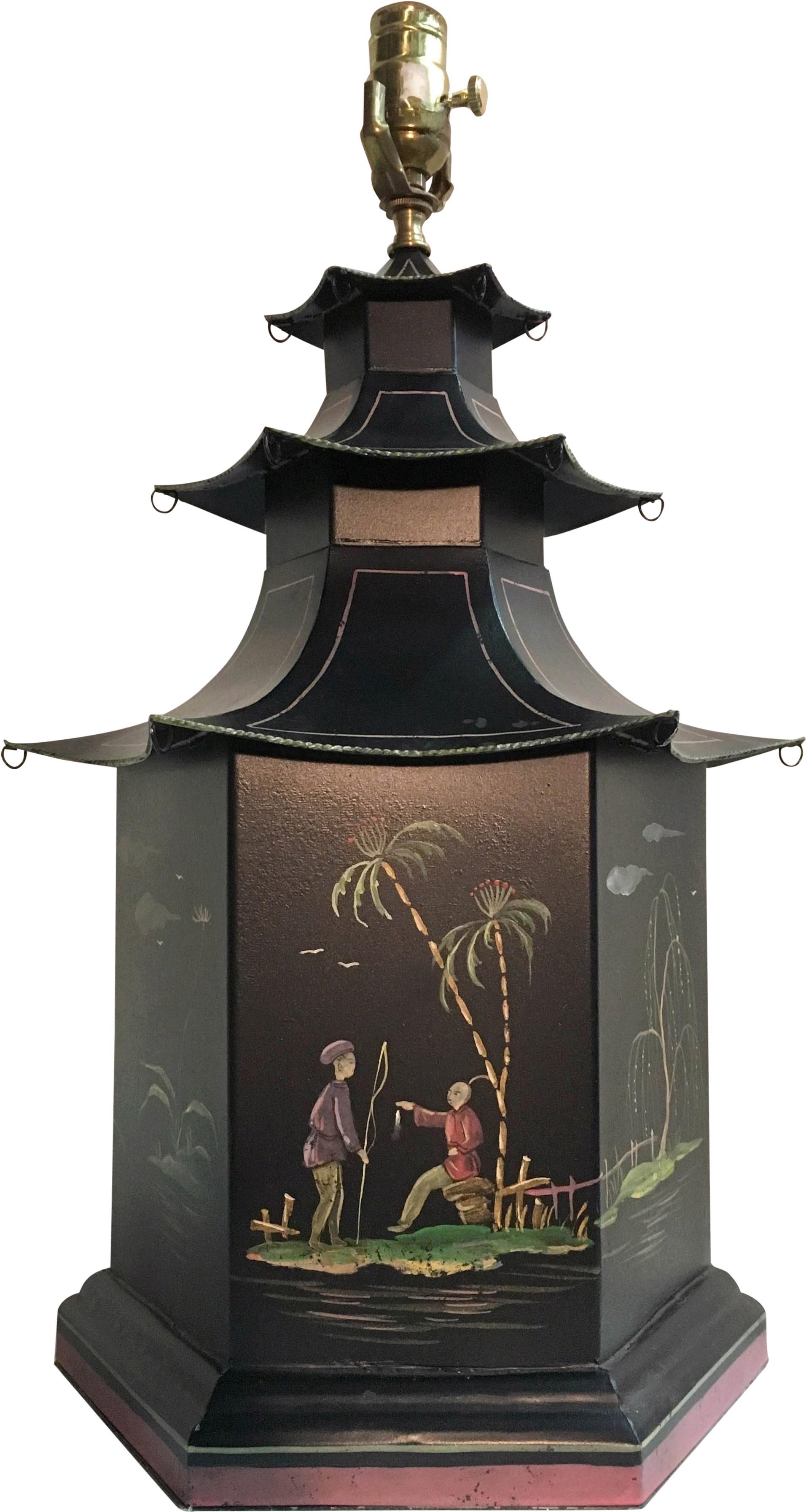 Chinoiserie Figurines & Landscape Painted Tole Pagoda - Pagoda (2123x3982), Png Download