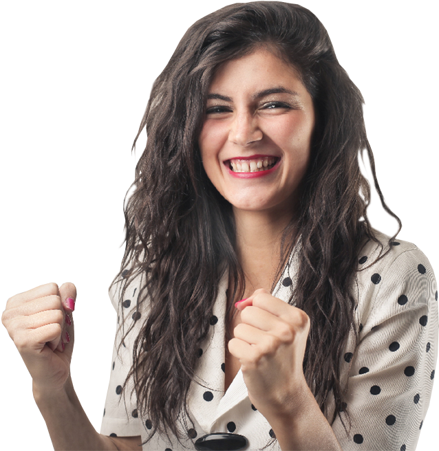 Excited Woman Cheering With Her Arm Raised - Excited Girl Transparent Png (650x660), Png Download