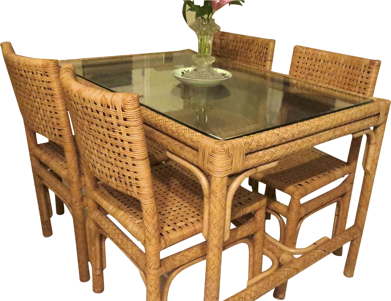 Vintage Mid Century Woven Cane Table And Four Chairs - Cane Furniture Png (1328x1328), Png Download