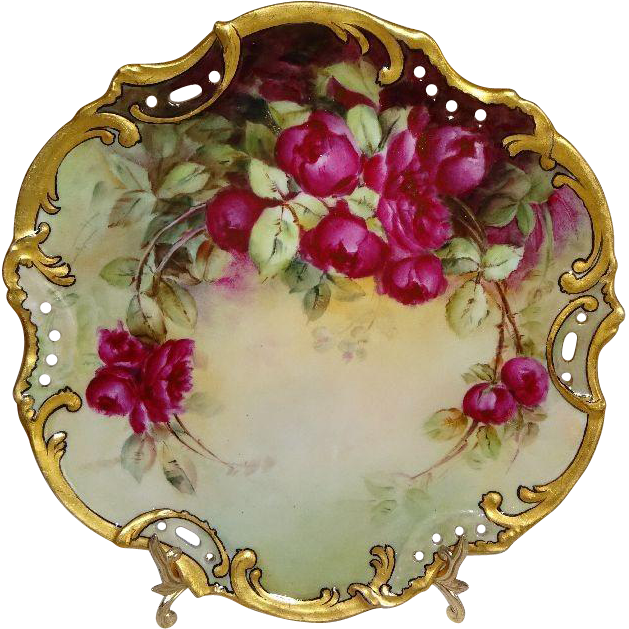 Antique Austria Hand Painted Plate With Ruby Red Roses - Ceramic (629x629), Png Download