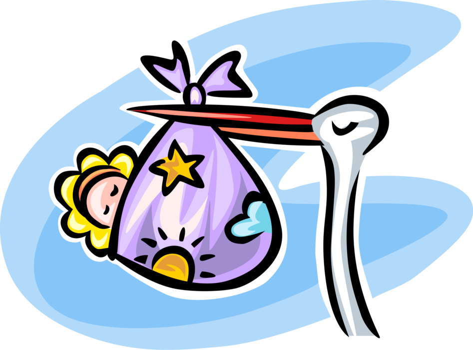 Vector Illustration Of Stork Bird Delivers Newborn - Infant (947x700), Png Download