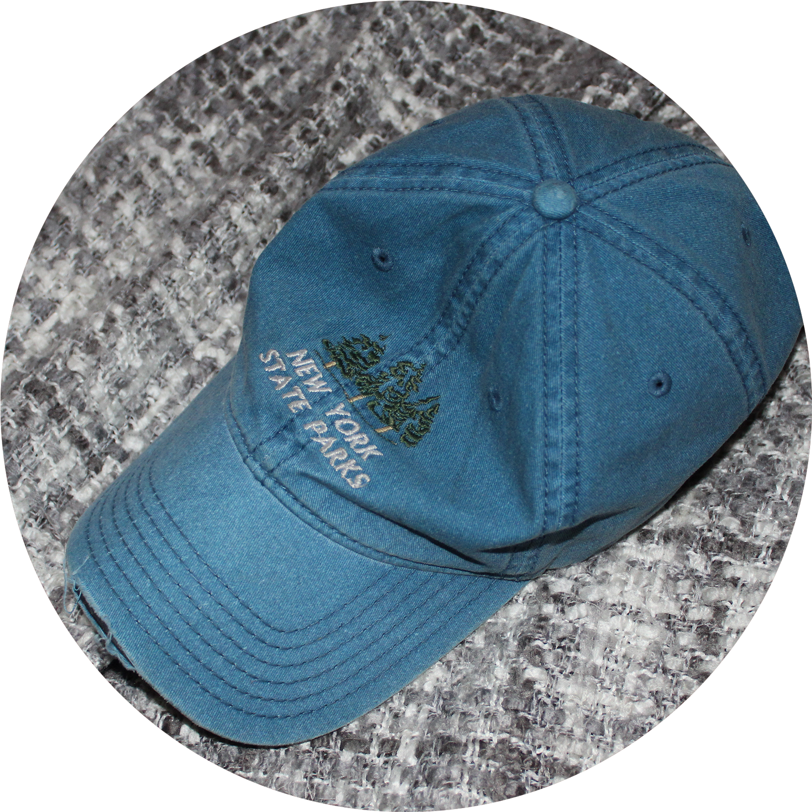 A Faded Dark Blue Jean Baseball Cap Sits On A Grey - Baseball Cap (1694x1731), Png Download