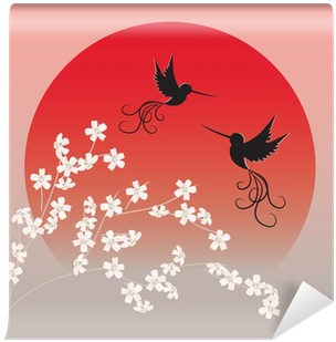 Two Flying Birds And Sakura In Front Of Red Sun Wall - Stock Illustration (400x400), Png Download