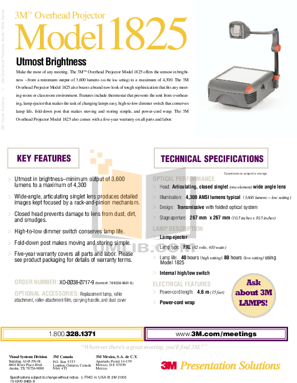Download Pdf For 3m Projector 1825 Plus Manual 3m 1830 Overhead