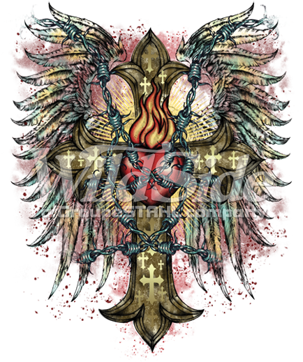 Flaming Heart Cross With Wings - Drawing (525x525), Png Download