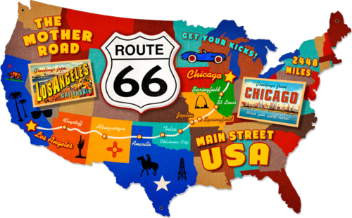 American Retro Tin Sign - Carte De La Route 66 (500x310), Png Download