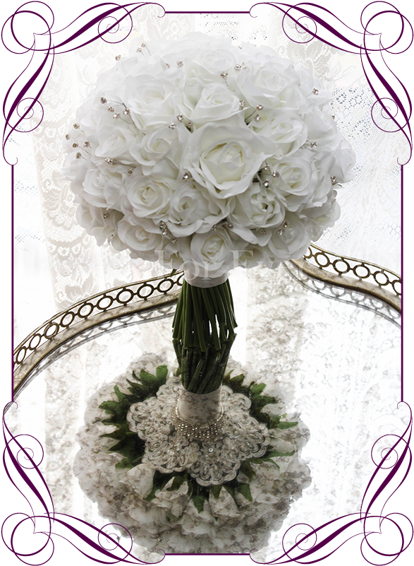Silk Artificial White Rose And Bling Wedding Bridal - Flower (608x822), Png Download