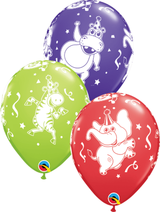 3 Coloured Party Animal Print Latex Balloons - 11" Assorted Carnival Party Animals Latex Balloons (531x705), Png Download